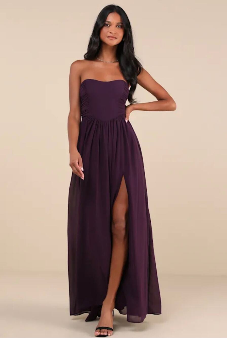 Lulus Luxe Favorite Dark Purple Strapless Ruched Maxi Dress Slit Plus 1X NWT